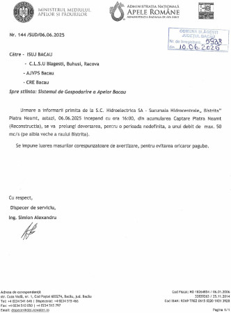 Avertizare prelungire deversare din Acumularea Piatra Neamț